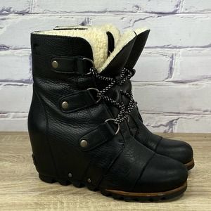 Sorel Joan of Arctic Wedge Black Leather Boots Women's 6.5 Shearling Lace Up